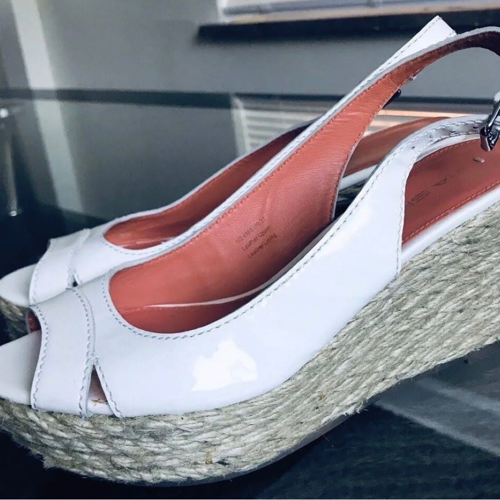 Via Spiga Slingback White Patent Leather Espadrille Wedge Sandal